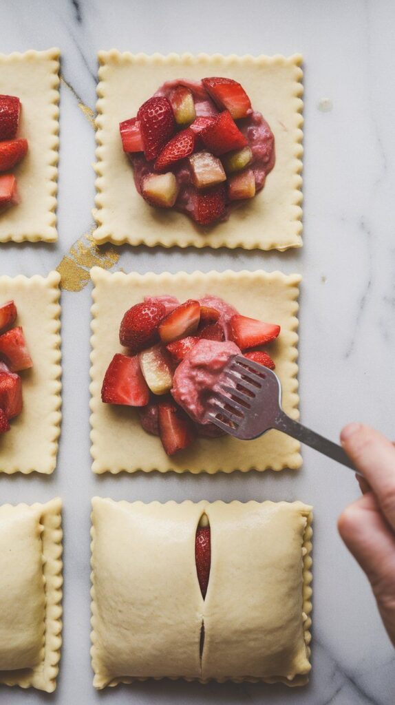 dough rectangles being filled with a spoonful of strawberry rhubarb filling, top layer placed over, and edges being crimped with a fork, small slit cut into top for venting