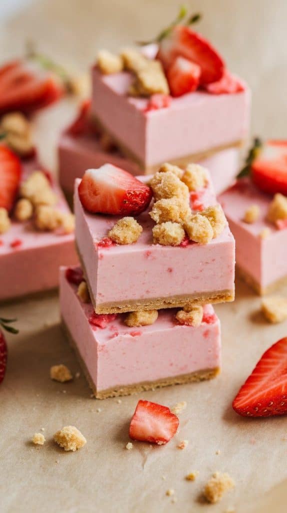 super close-up shot of Strawberry Shortcake Fudge squares stacked on parchment paper