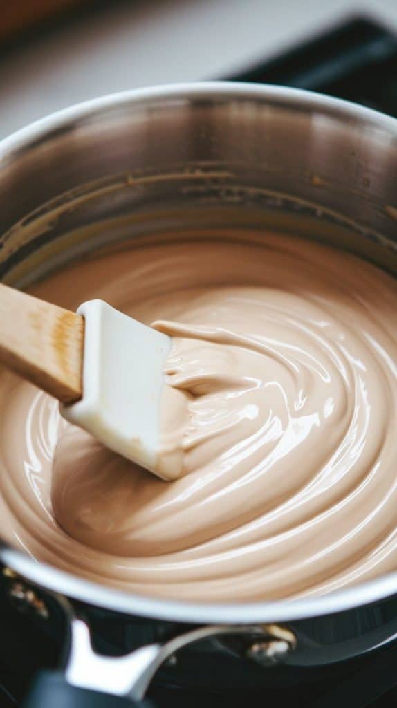 A super close-up shot of a spatula stirring melted white chocolate, sweetened condensed milk, and butter