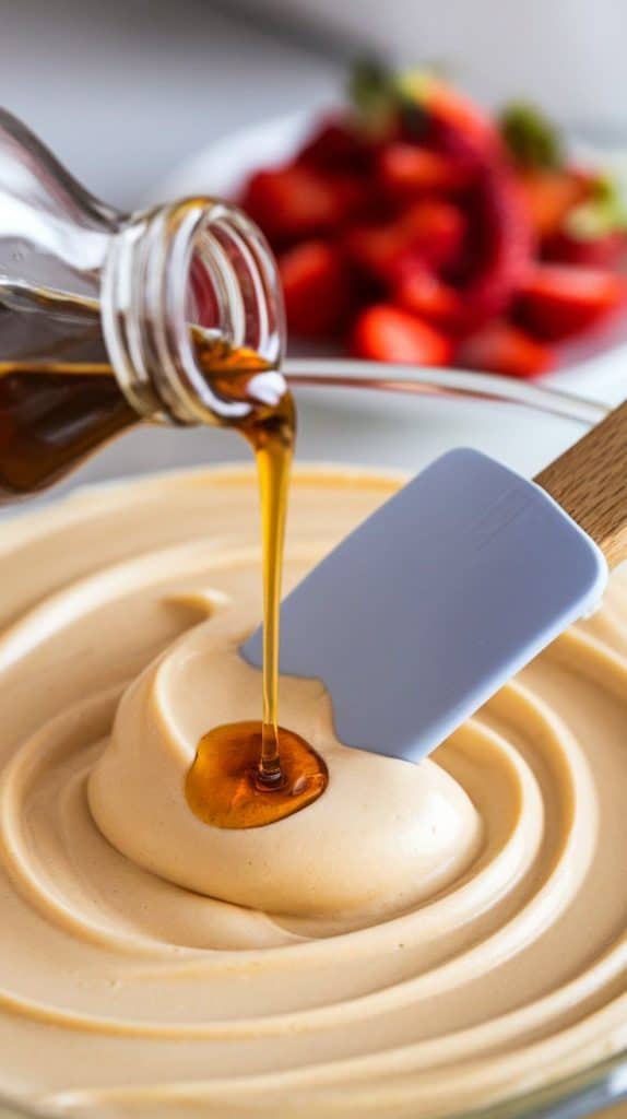 A super close-up shot of vanilla extract being poured into the creamy fudge mixture