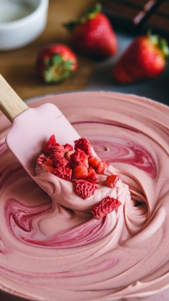 A super close-up shot of a spatula folding crushed freeze-dried strawberries