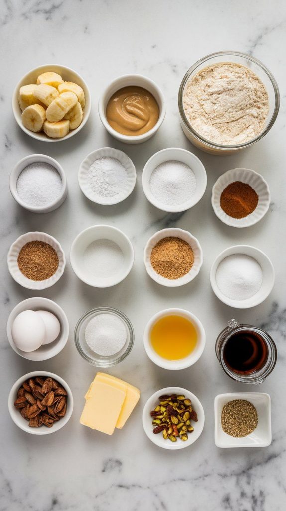 a small plate of mashed bananas, a small plate of tahini, a small plate of all-purpose flour, a small plate of baking soda, a small plate of baking powder, a small plate of salt, a small plate of cinnamon, a small plate of brown sugar, a small plate of granulated sugar, a small plate of eggs, a small plate of melted butter, a small plate of vanilla extract, a small plate of chopped pistachios, and a small plate of sesame seeds