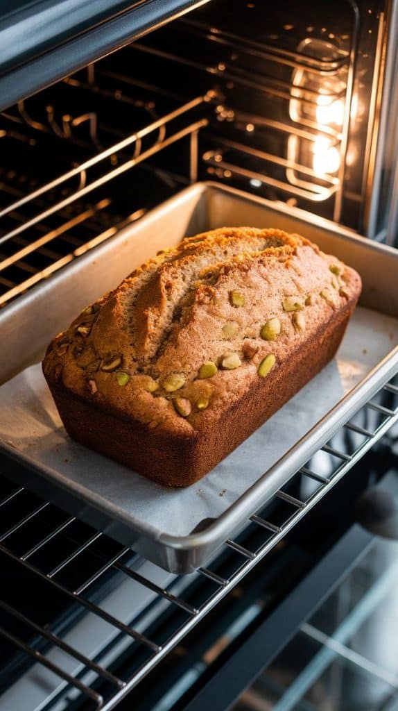 golden Tahini Pistachio Banana Bread baking inside a modern stainless steel double oven, its surface slightly domed with a crisp, golden crust