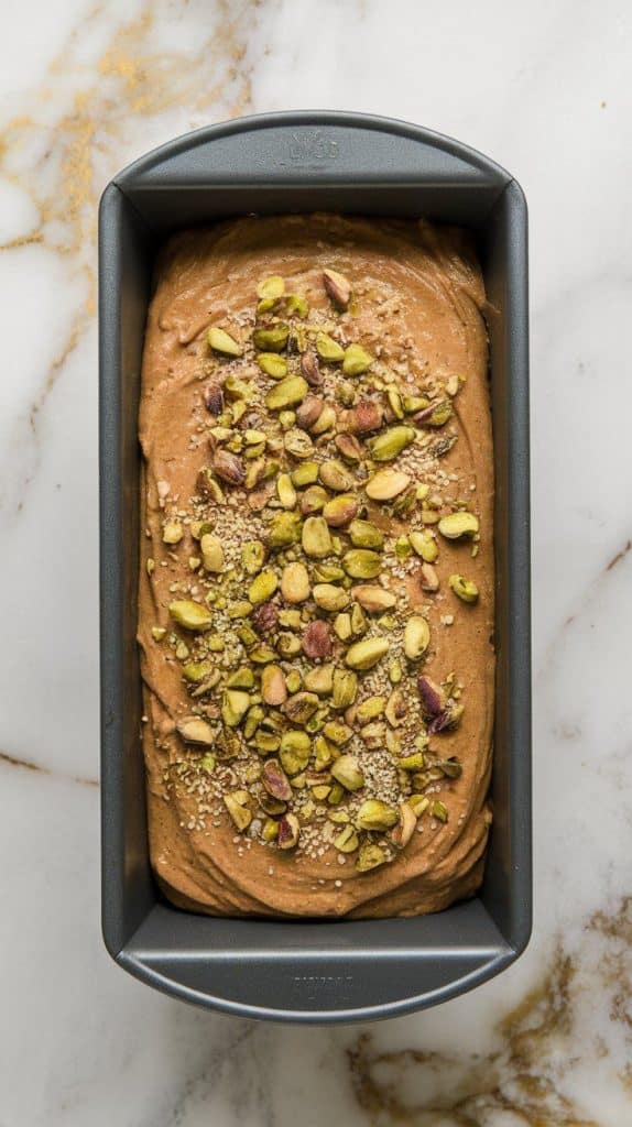 a loaf pan filled with banana bread batter, spread evenly with a spatula. The surface is topped with chopped pistachios and sesame seeds