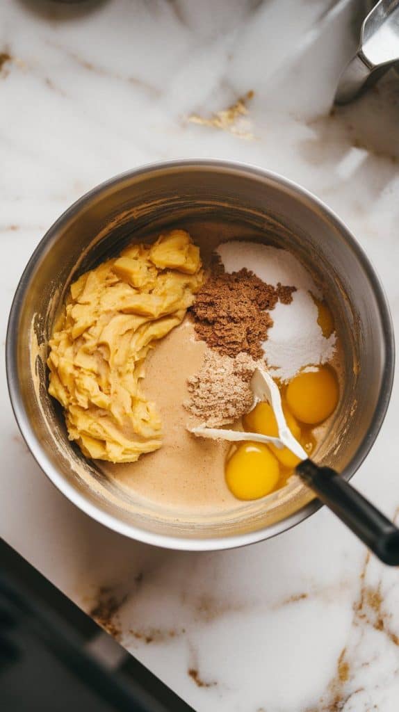 a mixing bowl with mashed bananas, tahini, brown sugar, granulated sugar, cracked eggs, melted butter, and vanilla extract being mixed together into a smooth batter.