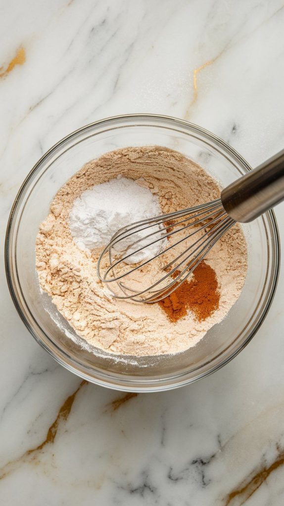 a mixing bowl with all-purpose flour, baking soda, baking powder, salt, and cinnamon being whisked together
