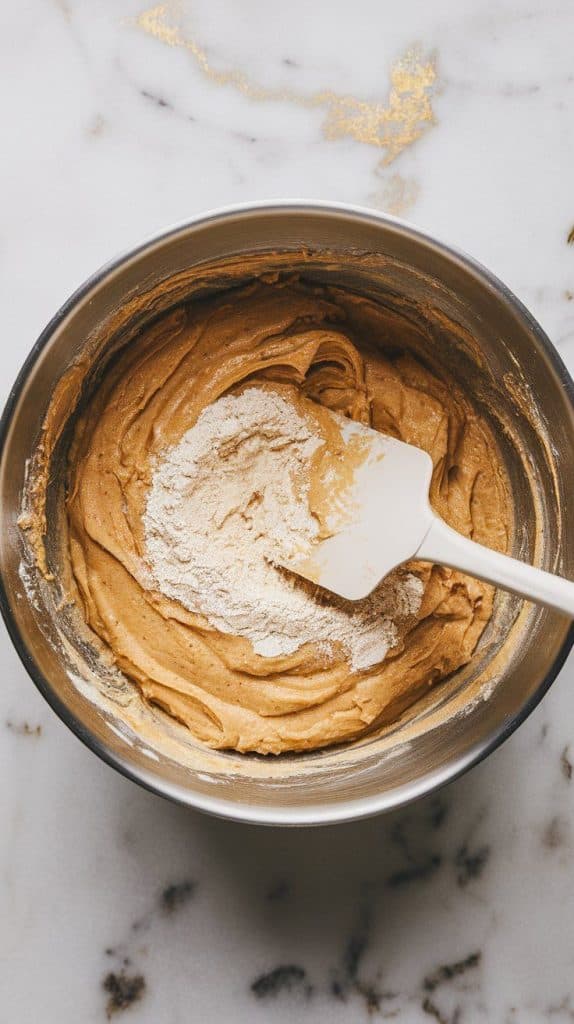 a spatula folding the flour mixture into the banana batter, creating a thick, slightly lumpy texture