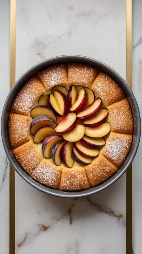 the cooled plum torte being sliced with a knife, showing the golden cake and soft baked plums inside.