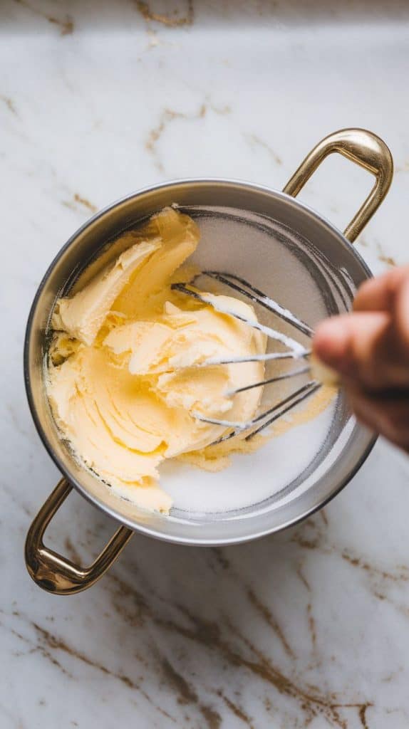 softened butter and granulated sugar being creamed together in a mixing bowl with a spoon, forming a pale, fluffy mixture