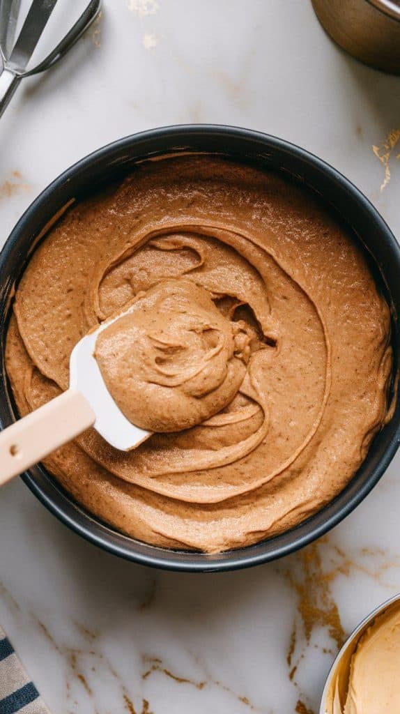  thick cake batter being spread evenly into a greased round cake pan with a spatula