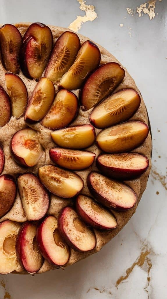 halved Italian plums being arranged skin-side up on top of the cake batter, with lemon juice drizzled and sugar and cinnamon lightly sprinkled.