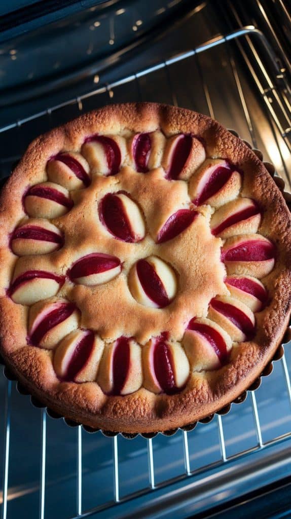 the plum torte baking in the oven, the top golden brown with plums sunken slightly and the edges puffed