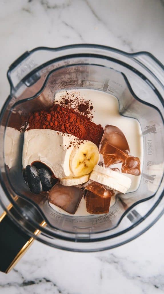 A super close-up shot of a blender filled with creamy milk, a shot of espresso, a scoop of vanilla protein powder, a frozen banana slice, soft mascarpone cheese, dark cocoa powder