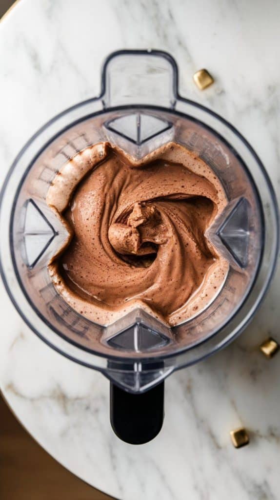 a blender mid-blend, the tiramisu protein shake swirling into a rich, thick mixture with tiny flecks of cocoa visible