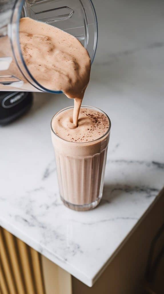 a thick, creamy Tiramisu Protein Shake being poured from a blender into a tall glass, filling it to the top.