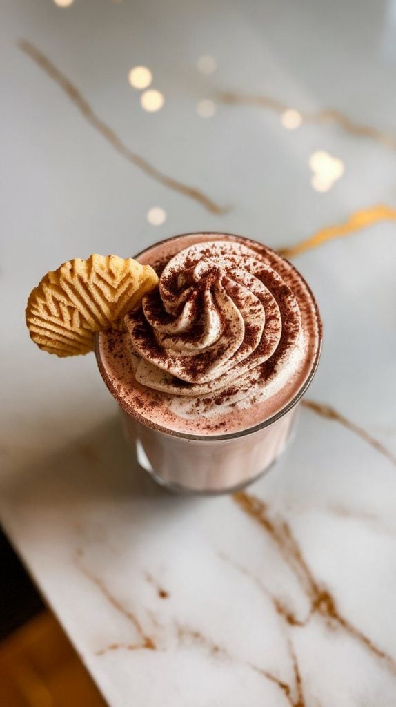 a Tiramisu Protein Shake topped with a swirl of fluffy sugar-free whipped cream, a light dusting of cocoa powder, and a crushed ladyfinger cookie resting on the rim.
