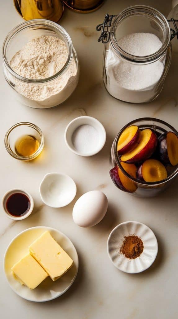 ingredients for traditional German plum crumble cake without yeast: all-purpose flour in a clear glass jar, granulated sugar in a second clear glass jar, baking powder and salt in tiny white dishes, vanilla extract on a small white plate, cold cubed butter on a small white plate, one egg on a small white plate, halved fresh plums in a clear bowl, and cinnamon in a tiny white dish.