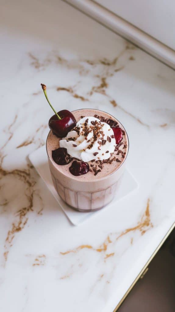 a Vegan Chocolate Cherry Protein Shake topped with a swirl of dairy-free whipped cream, a sprinkle of cacao nibs, and a fresh cherry with its stem
