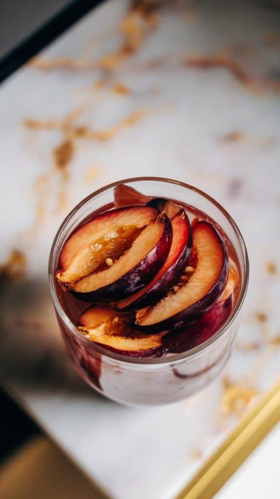  fresh ripe plum slices being gently muddled in a clear glass, juice starting to release but fruit still chunky