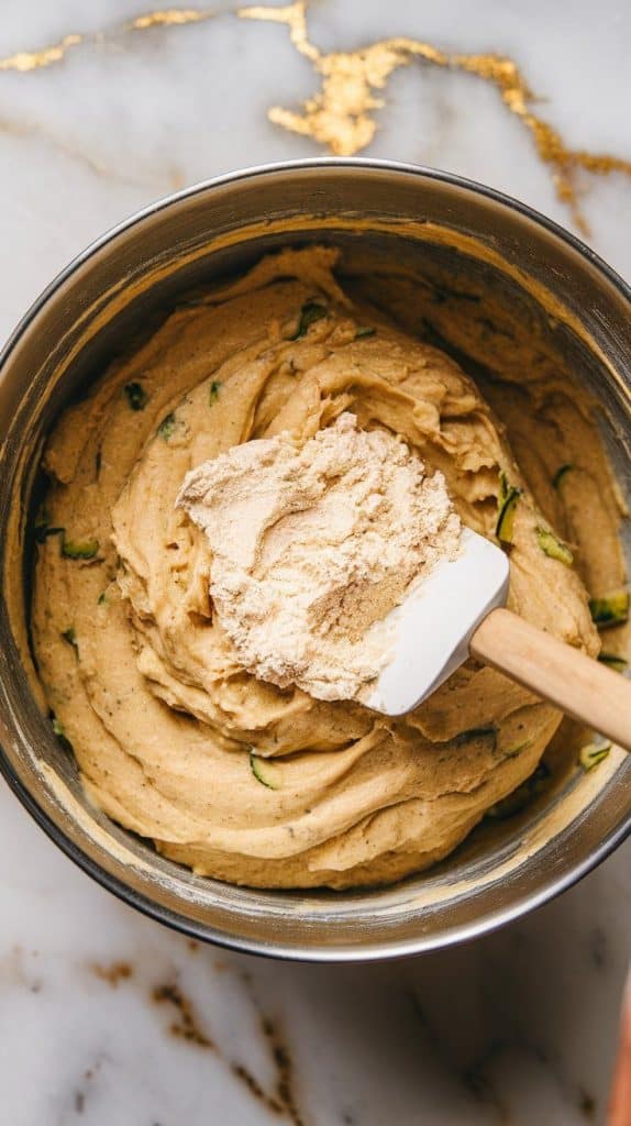 a spatula folding the flour mixture into the banana batter, creating a thick, slightly lumpy texture