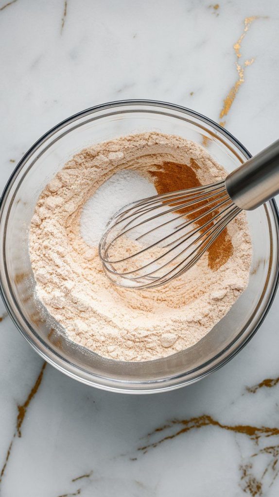 a mixing bowl with all-purpose flour, baking soda, baking powder, salt, and cinnamon being whisked together