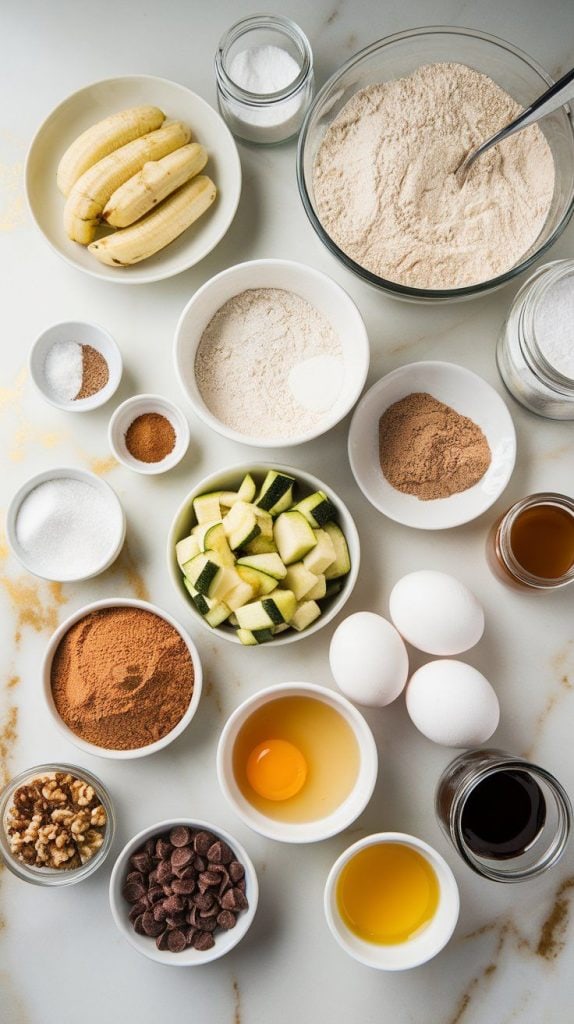 a small plate of mashed bananas, a small plate of shredded zucchini, a small plate of all-purpose flour, a small plate of baking soda, a small plate of baking powder, a small plate of salt, a small plate of cinnamon, a small plate of brown sugar, a small plate of granulated sugar, a small plate of eggs, a small plate of melted butter, a small plate of vanilla extract, a small plate of chopped walnuts, and a small plate of chocolate chips