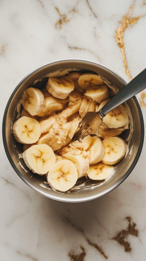 a mixing bowl filled with mashed bananas, slightly chunky with a creamy texture