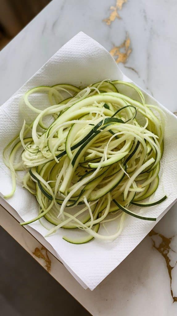 freshly shredded zucchini resting on a paper towel, with hands gently squeezing out the excess water