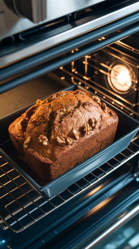 golden zucchini banana nut bread baking inside a modern stainless steel double oven, its surface slightly domed with a crisp, golden crust