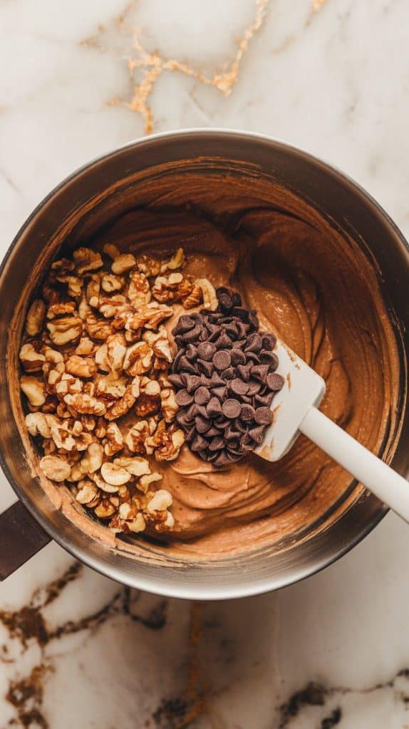 a mixing bowl filled with banana bread batter, with chopped walnuts and chocolate chips being folded in with a spatula