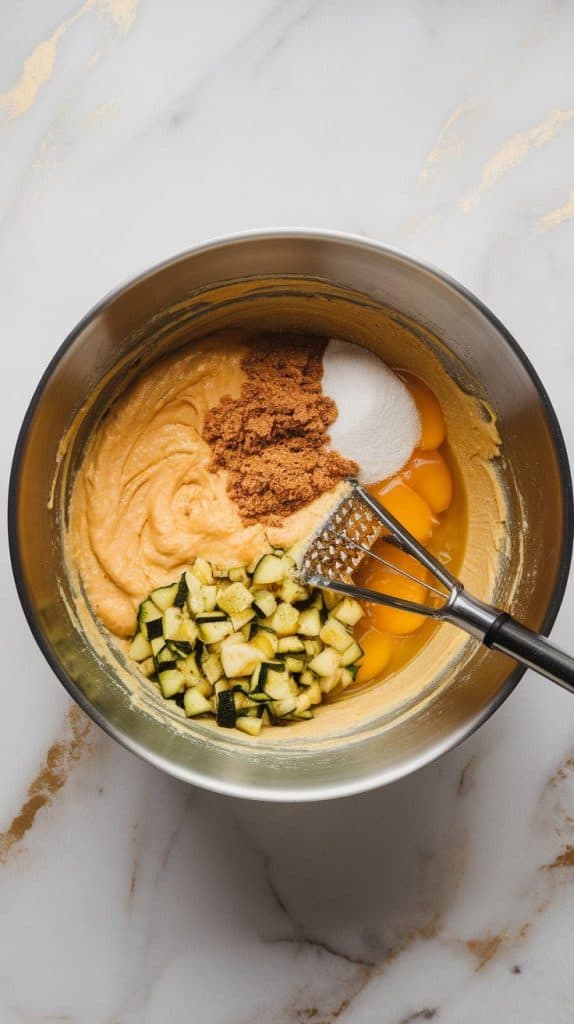 a mixing bowl with mashed bananas, brown sugar, granulated sugar, cracked eggs, melted butter, vanilla extract, and shredded zucchini being mixed together into a smooth batter