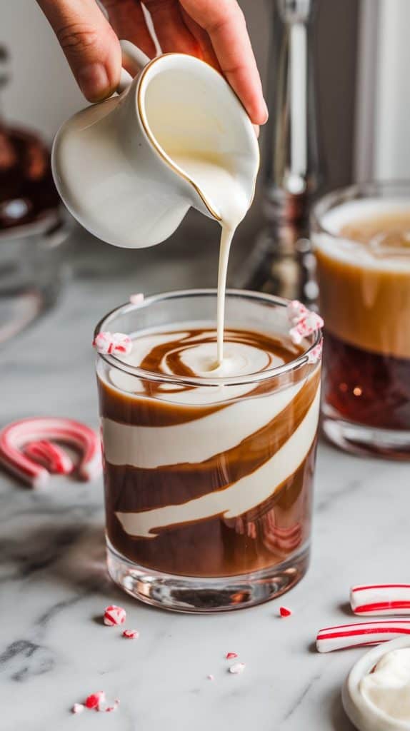 A hand pouring heavy cream from a small pitcher into a rocks glass with vodka, coffee liqueur, and peppermint schnapps, creating swirls in the drink. 