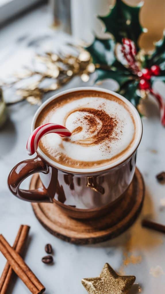 A finished mug of Christmas Morning Coffee with a frothy cream swirl, garnished with a candy cane resting on the rim and a sprinkle of cinnamon on top.