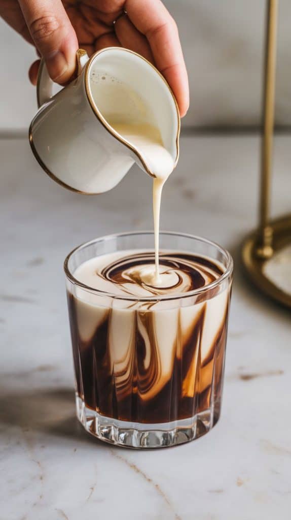 A hand pouring heavy cream from a small pitcher into a rocks glass with vodka and coffee liqueur, creating beautiful swirls in the drink. 