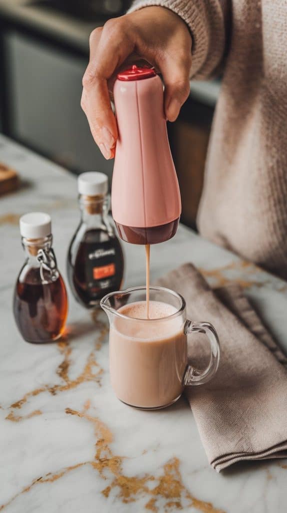A hand using a handheld milk frother to create foam in a small pitcher of warm milk, with syrup bottles and a linen napkin nearby on a marble counter with hints of gold.