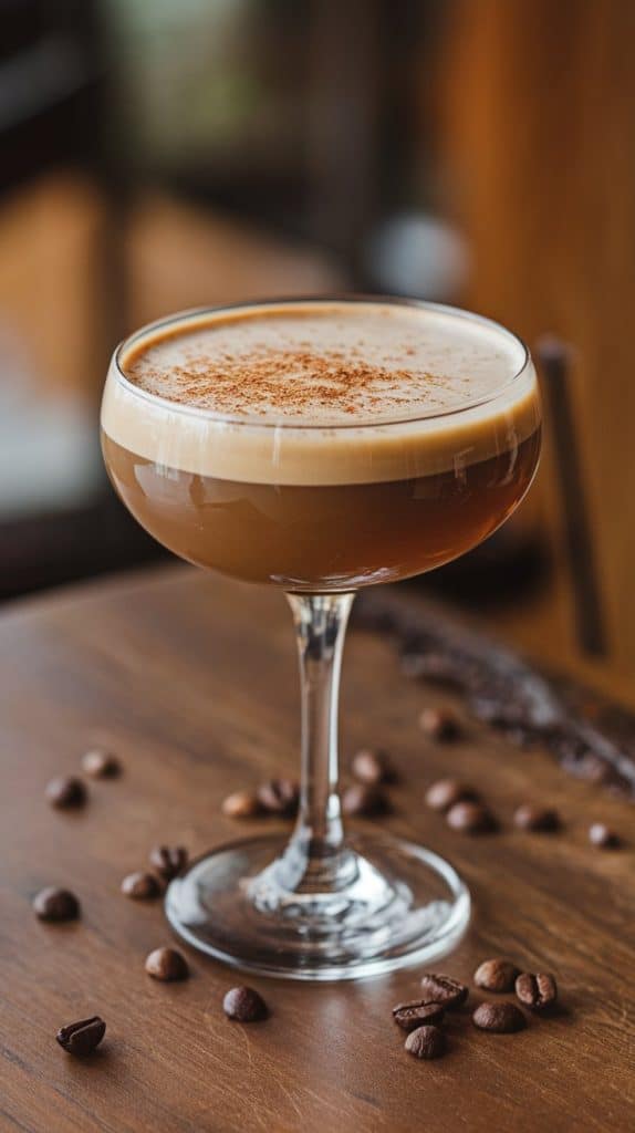 A creamy Coffee Bourbon Flip being strained from a shaker into a coupe glass, with a napkin and nutmeg grater nearby on a dark wooden table.