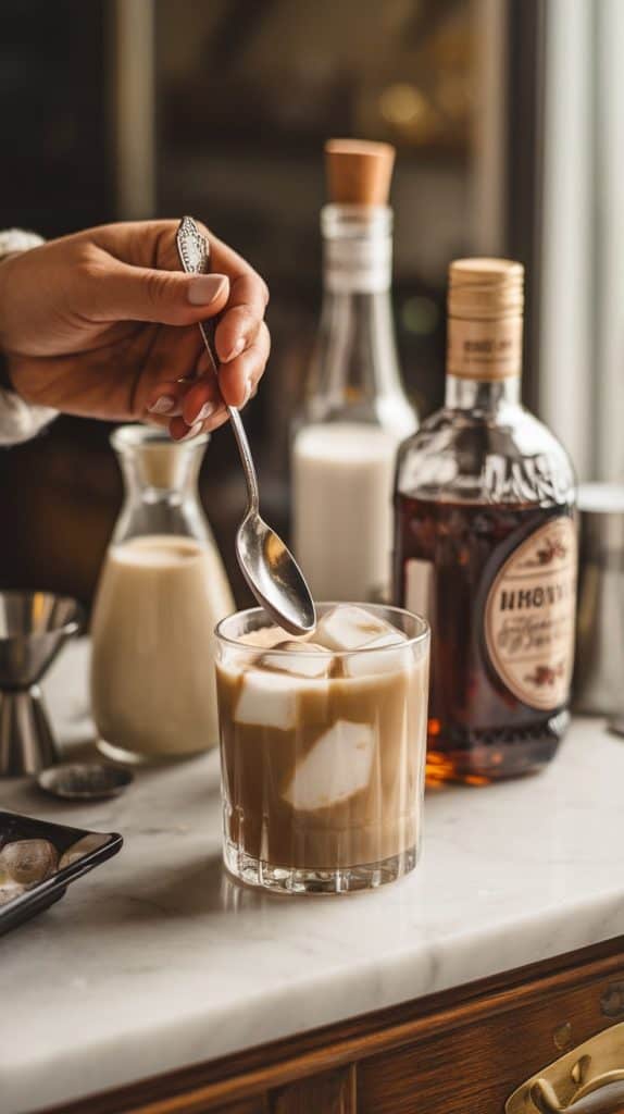 A hand holding a spoon, stirring a creamy White Russian in a rocks glass, with cream and liqueur bottles nearby on a marble counter.