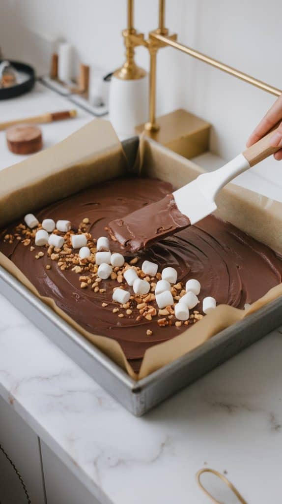 An 8x8 baking pan lined with parchment paper, filled with rocky road fudge being spread evenly with a spatula. Mini marshmallows and nuts are scattered on top as garnish