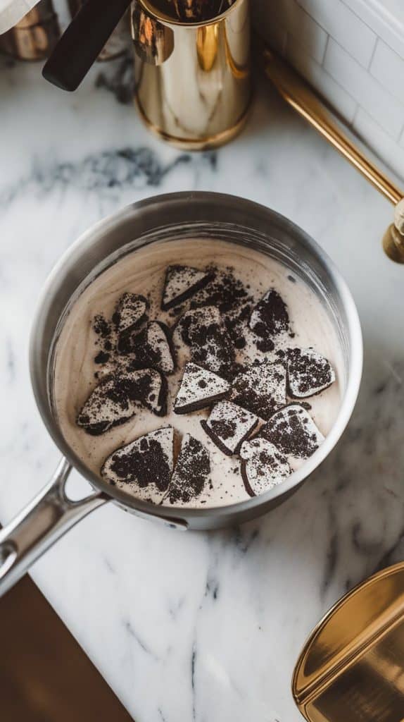 A saucepan off the heat with smooth white chocolate fudge mixture being mixed with chunks of chopped Oreo cookies.