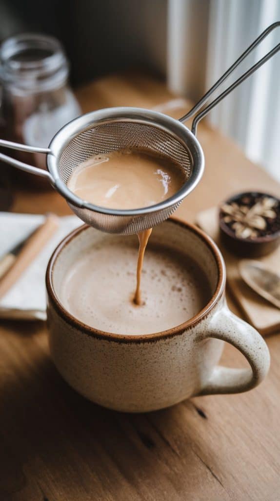 A creamy chai latte being strained into a ceramic mug through a small metal strainer, with spices and a napkin nearby on a wooden table.