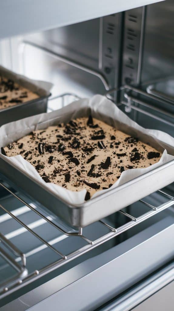 An 8x8 pan of cookies and cream fudge resting in a modern stainless steel fridge, lined with parchment paper. The fudge looks creamy with visible Oreo chunks.