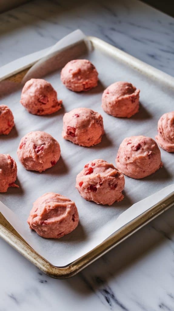 A baking sheet lined with parchment paper, featuring mounds of cookie dough in a soft, pastel pink hue with visible strawberry pieces in each, evenly spaced