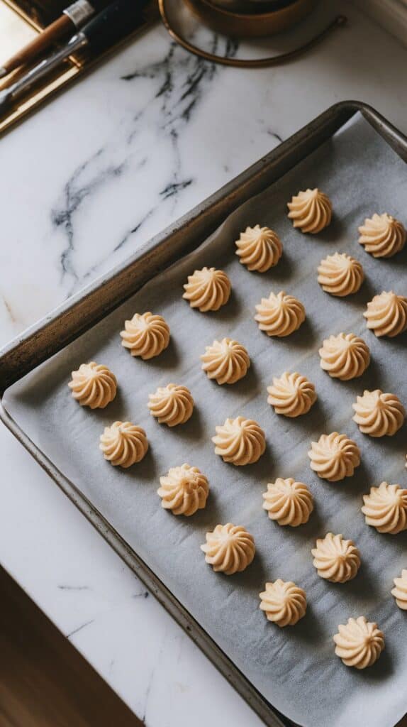 A baking sheet lined with parchment paper, small mounds of choux dough piped neatly, ready to bake