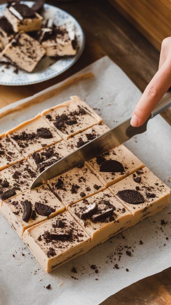 A batch of cookies and cream fudge on parchment paper being cut into neat square pieces with a knife