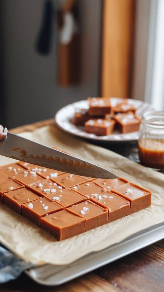 A batch of salted caramel fudge on parchment paper being cut into neat square pieces with a knife