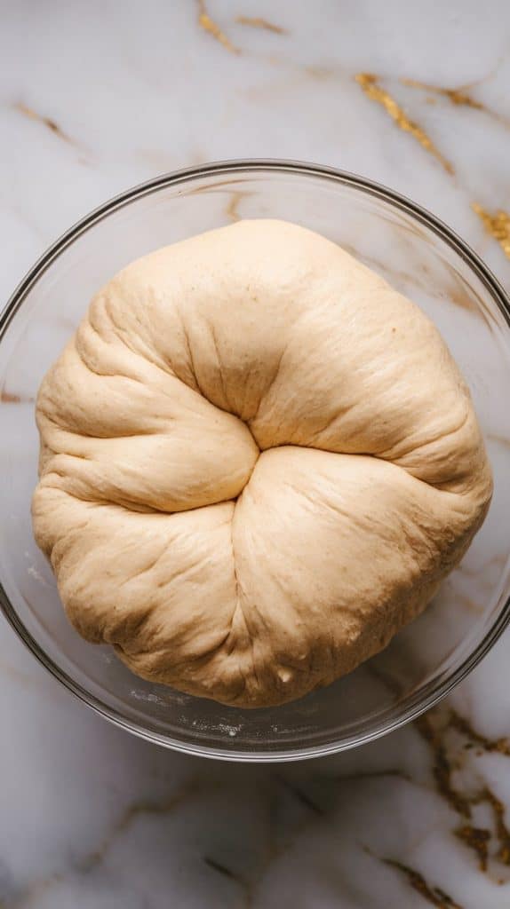  a glass bowl with smooth, risen dough, now puffed up and airy