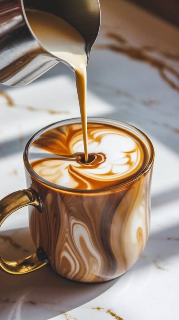 A close-up of a coffee mug with coffee being poured in, followed by milk and Baileys, swirling together beauti