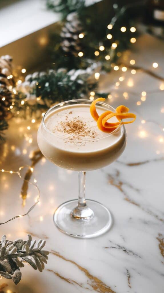 A coupe glass with the finished Amaretto Eggnog Spritz