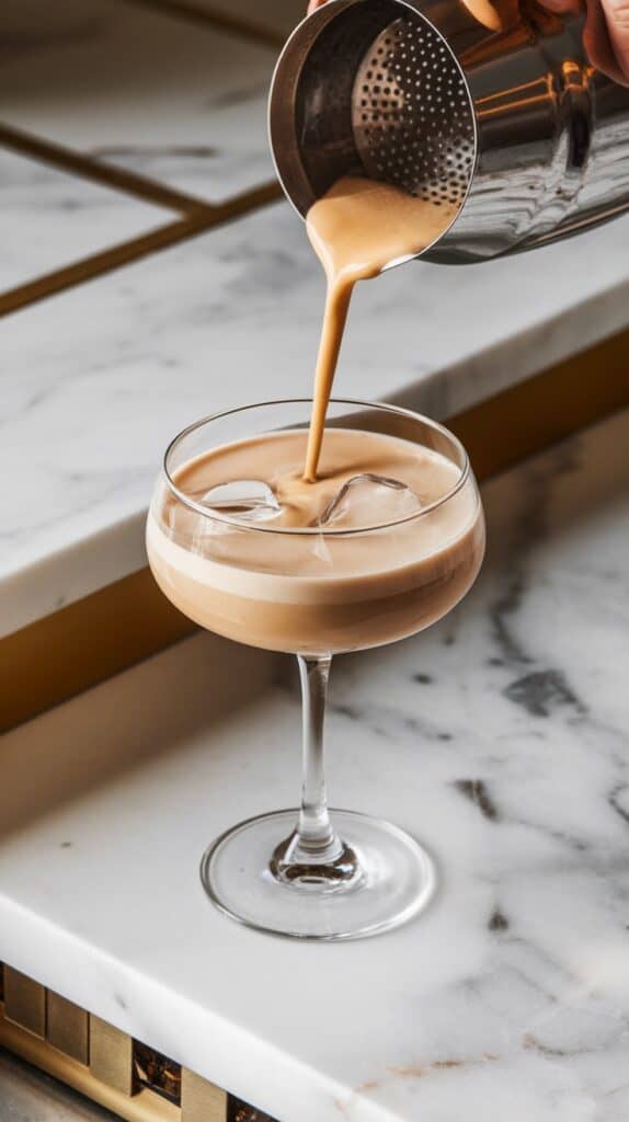 Strain the mixture into a coupe or rocks glass filled with fresh ice.
