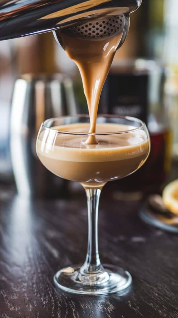 A cocktail shaker being opened to add ice cubes, with bourbon and coffee nearby on a white marble counter with hints of gold.